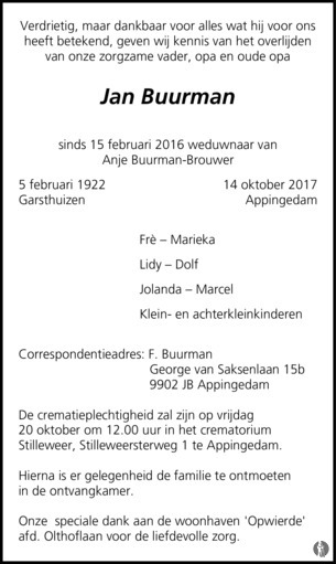 jan buurman geb 1922 in 2017.